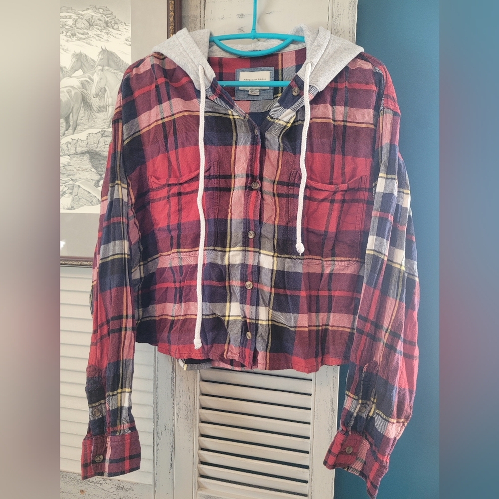 American Eagle Red and Navy Plaid Shirt with Chambray Collar
